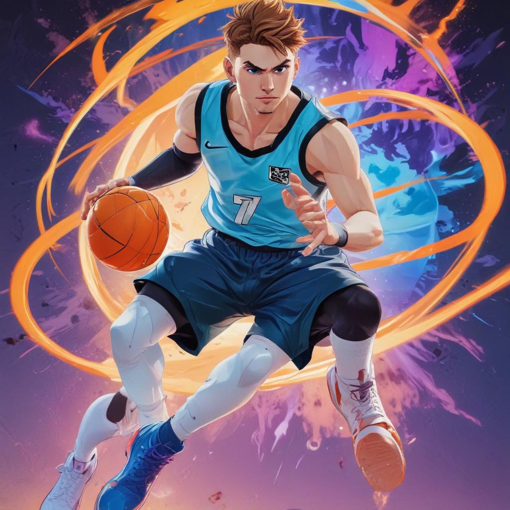 distance-shot, flashy, full-body, dynamic, holographic, animated cartoon poster of luka doncic in the style of dragon ball super