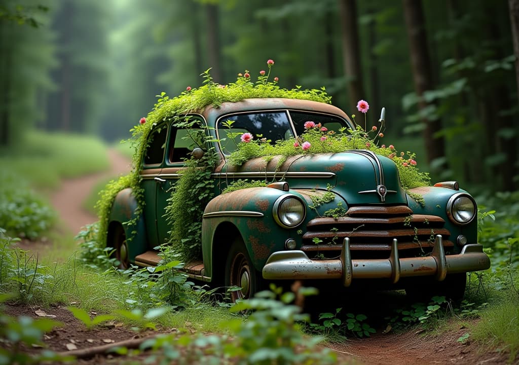  abandoned vintage car covered with plants and flowers on forest road in nature setting