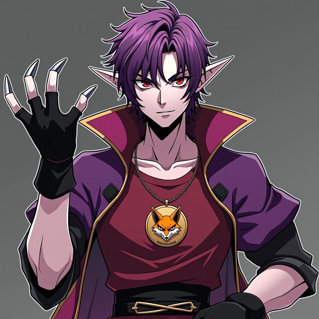  manga style ringo wears short tight black gloves with metal claws on his fingers and is depicted in full height a young mature dark male elf with marble white skin, purple scarlet hair, ringo wears a disheveled hairstyle of medium length, pointed ear tips, lavender red eyes, is dressed in a burgundy shirt in addition, ringo wears a purple short jacket with a tight waist, made of snake with a medium sized silver skin, and a lightweight in red skin. ringo wears a gold chain with a medium sized gold medallion around his neck. the medallion depicts an angry smirking fox face, ringo has a relative, a younger brother, a young dark elf amroth, . vibrant, high energy, detailed, iconic, japanese comic style