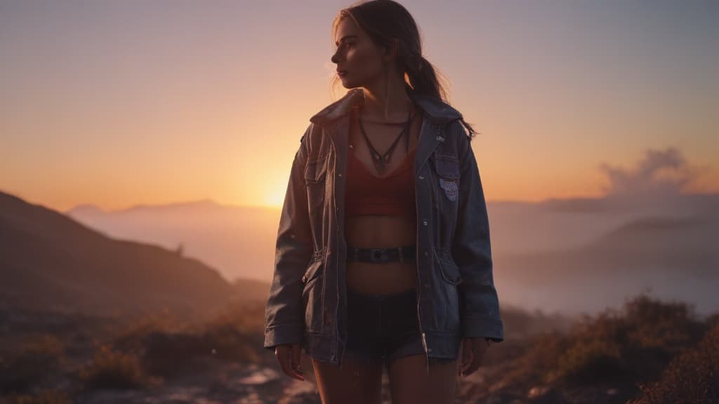 beautiful sunset hyperrealistic, full body, detailed clothing, highly detailed, cinematic lighting, stunningly beautiful, intricate, sharp focus, f/1. 8, 85mm, (centered image composition), (professionally color graded), ((bright soft diffused light)), volumetric fog, trending on instagram, trending on tumblr, HDR 4K, 8K