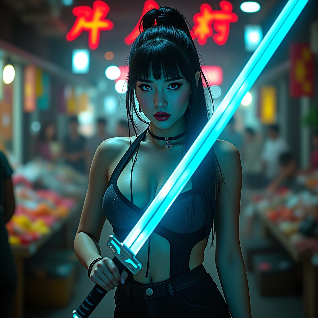  "blade siren": captured using a leica q2 and a 28mm f/1.7 lens, a woman with sharp aqua eyes and exposed curves hold a holographic katana, standing amidst a melting pot of markets in a busy cyberpunk bazaar. it's a cinematic composition of cyberpunk aesthetics, woman's allure, and raw street energy. hyperrealistic, full body, detailed clothing, highly detailed, cinematic lighting, stunningly beautiful, intricate, sharp focus, f/1. 8, 85mm, (centered image composition), (professionally color graded), ((bright soft diffused light)), volumetric fog, trending on instagram, trending on tumblr, HDR 4K, 8K