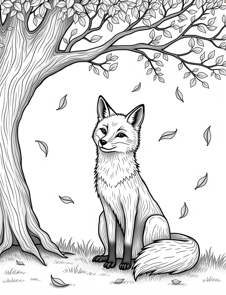  a fox sitting under a tree with falling leaves, black and white line art on a white background, for an adult coloring page.