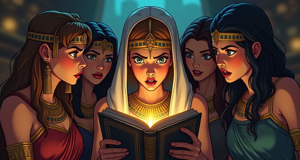  group of friends, shocked expressions, one holding the diary, disbelief and amazement in their eyes. the style is digital art illustration / modern comic book / mysterious occult, symbolic, esoteric vibe,high detail on character design, incorporating ancient egyptian symbology and attire.