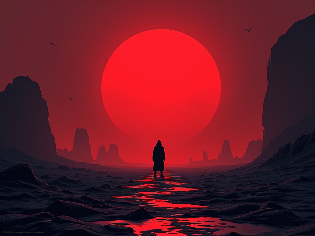  desolate landscape, red twilight, cold ambiance, sense of desolation. the style is digital art illustration / modern comic book / graphic dark novel fantasy and mysterious occult, symbolic, moody lighting, esoteric vibe,high detail on character design. for the color scheme emphasize blacks and reds.