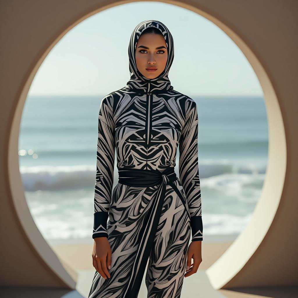  "create an elegant, modest tight fit swim suit with pants design for a middle eastern woman. the model should be 170 cm tall and weigh around 60 kg. the swimwear consists of a long sleeve top with a high neck and front zipper closure. the fabric is a polyester blend, ideal for swimwear, featuring a geometric black and white abstract pattern. the design includes a matching sarong style skirt, with the same geometric pattern draping over the waist and down to the ankles. the overall look should be chic and suitable for beachwear, with a sophisticated balance of modesty and modern style. background: the model is standing by the ocean, framed by a circular archway."  hyperrealistic, full body, detailed clothing, highly detailed, cinematic lighting, stunningly beautiful, intricate, sharp focus, f/1. 8, 85mm, (centered image composition), (professionally color graded), ((bright soft diffused light)), volumetric fog, trending on instagram, trending on tumblr, HDR 4K, 8K