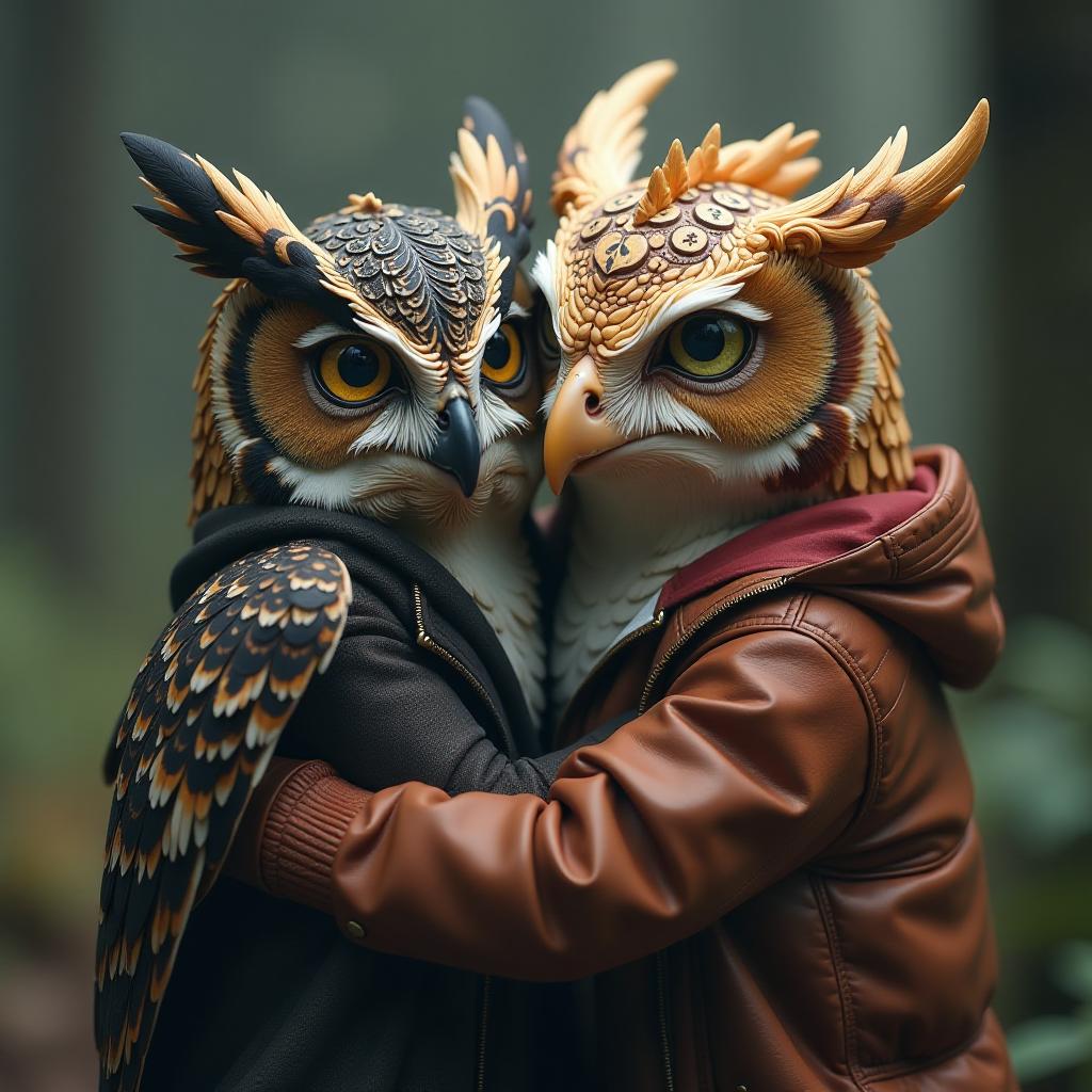  the owl is embracing the dragon gorynych. the owl is weak and cute, while the dragon gorynych is big and powerful. hyperrealistic, full body, detailed clothing, highly detailed, cinematic lighting, stunningly beautiful, intricate, sharp focus, f/1. 8, 85mm, (centered image composition), (professionally color graded), ((bright soft diffused light)), volumetric fog, trending on instagram, trending on tumblr, HDR 4K, 8K