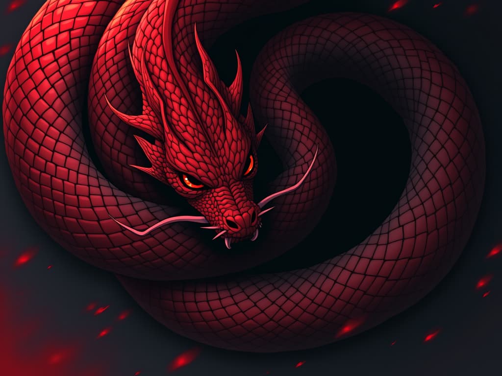  red serpent coiling, dark eyes glinting, feeling of anger intertwined with bond, tension in air. the style is digital art illustration / modern comic book / graphic dark novel fantasy and mysterious occult, symbolic, moody lighting, esoteric vibe,high detail on character design. for the color scheme emphasize blacks and reds.