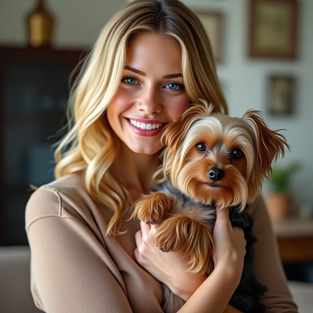  a woman with a yorkie in her arms is a blonde.