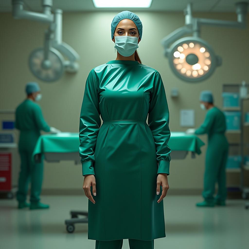  one standing, full length, front view, full face, angelina jolie's face against the background of the operating room, the operating room nurse is dressed in a knee length surgical gown, with long sleeves, with cuffs, and waistband, made of glossy latex of dark green color, on her head a surgeon's beret, made of glossy latex of dark green color, on her face a surgical mask, made of glossy latex of dark green color, on her legs trousers, made of glossy latex of dark green color, high surgical protective covers shoes pulled over the trousers, knee high, on a flat sole, without heels, for work in the operating room, made of glossy latex of dark green color, surgical gloves, made of glossy latex of dark green color