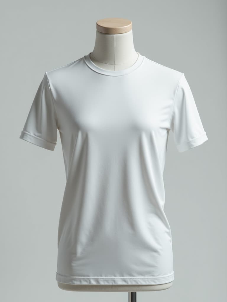  short sleeve white shirt with a round neck with a human shaped mannequin with head, on a plain background front view hyperrealistic, full body, detailed clothing, highly detailed, cinematic lighting, stunningly beautiful, intricate, sharp focus, f/1. 8, 85mm, (centered image composition), (professionally color graded), ((bright soft diffused light)), volumetric fog, trending on instagram, trending on tumblr, HDR 4K, 8K