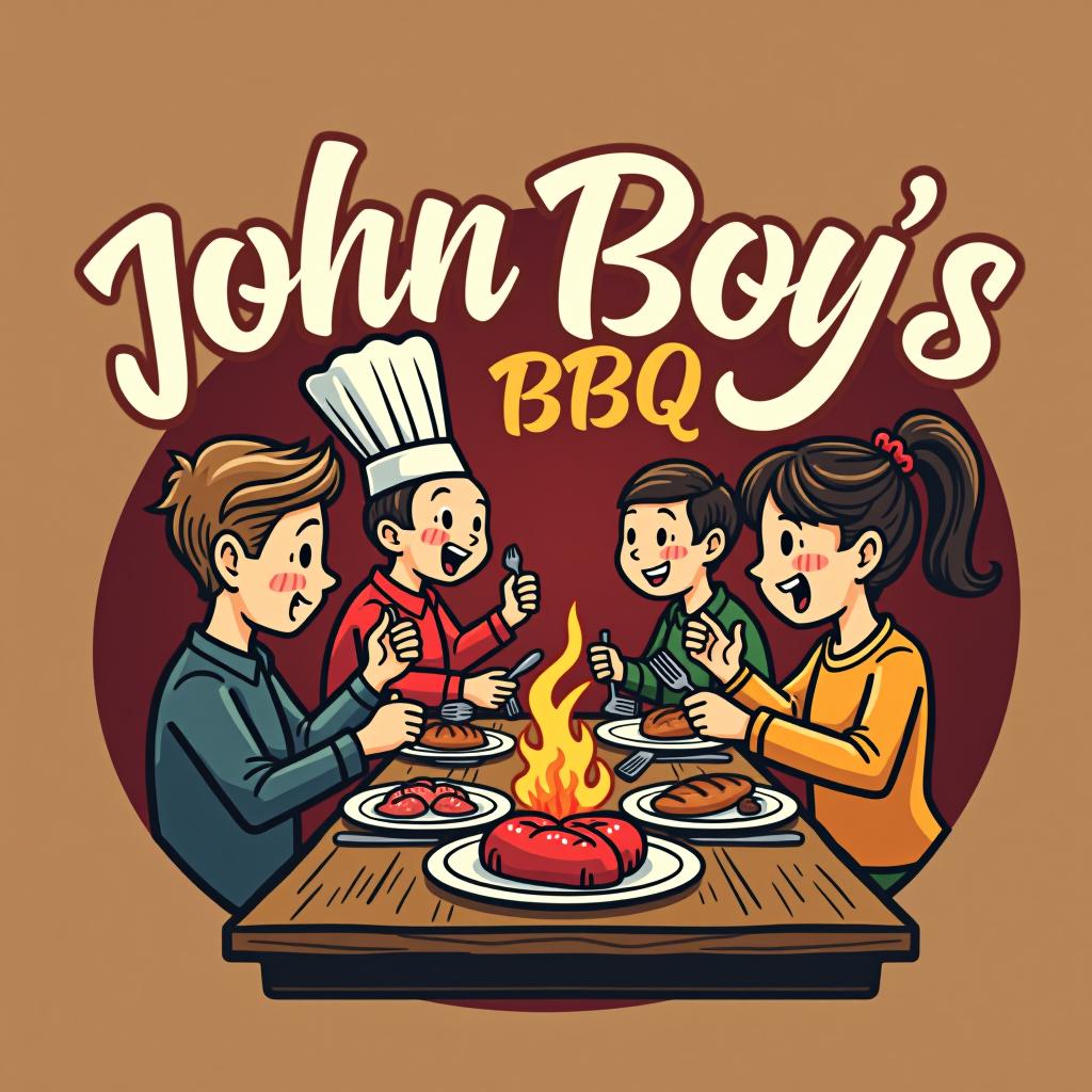  family eating at table john boy’s bbq, (logo), tasty, fresh, gourmet, culinary, chef hat, utensils, warm colors, elegant script, inviting, delicious