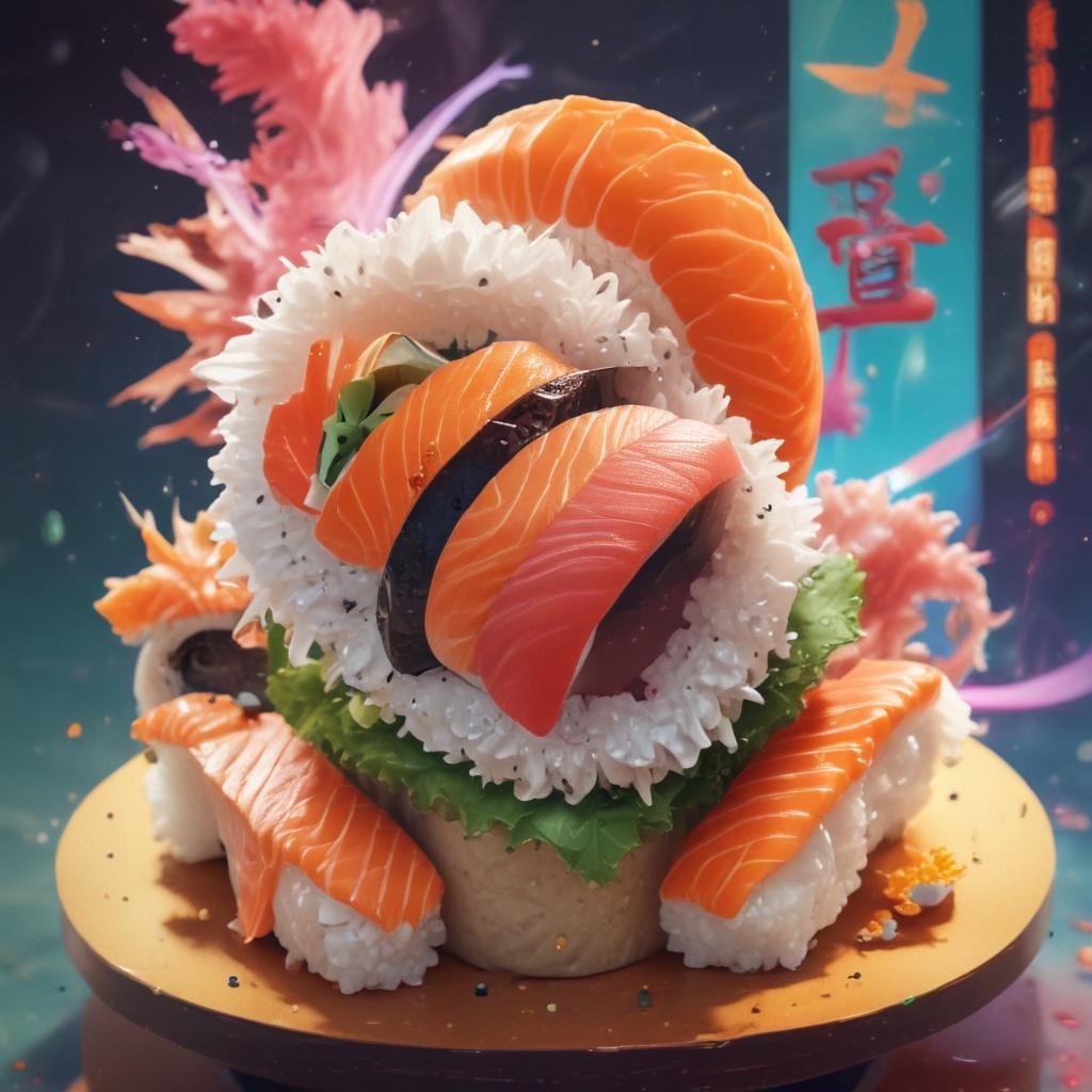 distance-shot, flashy, full-body, dynamic, holographic, animated cartoon poster of sushi scene in the style of dragon ball super