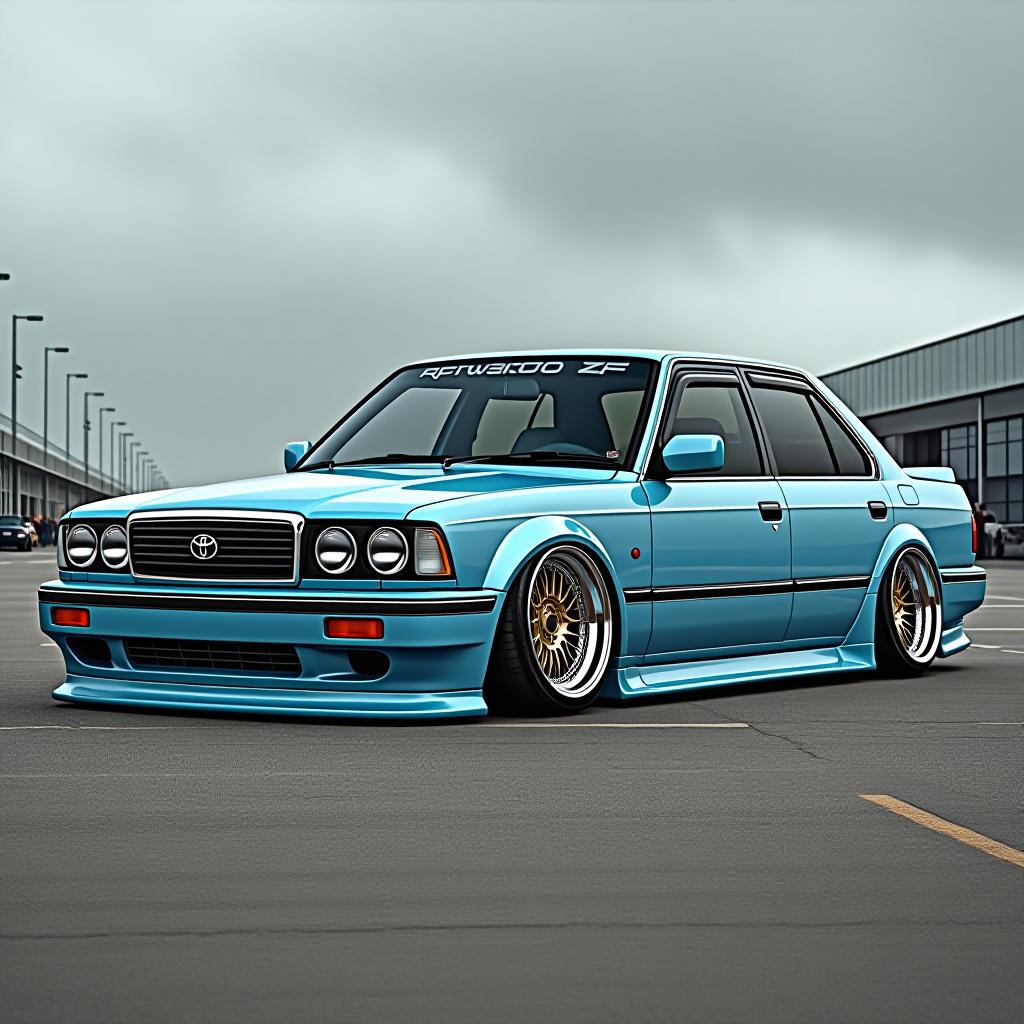  1995 x80 toyota cressida, wide body, slammed, stanced, 17x11 wheels, light blue, bbs wheels, photo realistic, highly intricate and detailed, masterpiece, ultra high res,photography,8k resolution