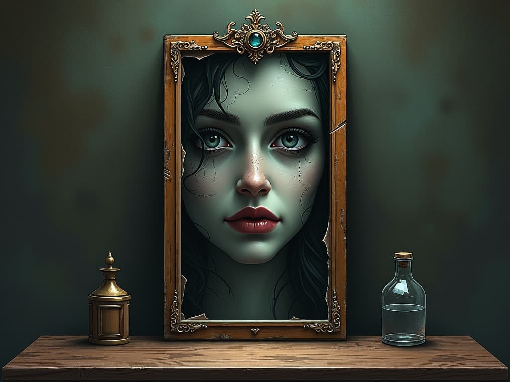  mirror with jagged edges reflecting an imperfect image, heavy shadows, sense of imbalance and imperfection. an illustration in the style of a worn, mystical old tarot trump card, mysterious and elements of surrealism. the colors are muted, somber and eerie, but with contrast bring out an occult and esoteric vibe.