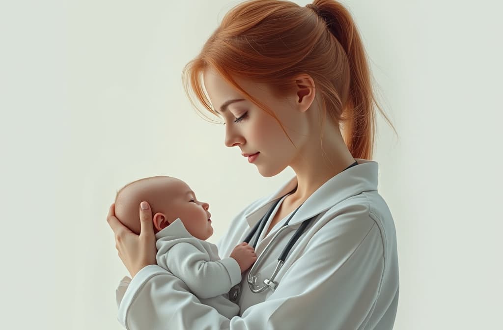  professional detailed photography, girl doctor with red hair, holding a baby in her arms, in medical clothes, on a white background, sunny day ar 3:2, (muted colors, dim colors, soothing tones), (vsco:0.3)