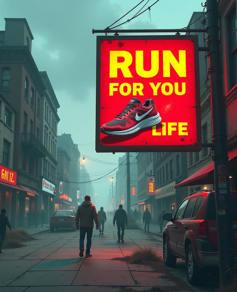  concept art a street advertising banner of sneakers with the slogan 'run for your life' against a backdrop of an urban wasteland with zombie, with the banner color red and the slogan in prominent yellow font . digital artwork, illustrative, painterly, matte painting, highly detailed