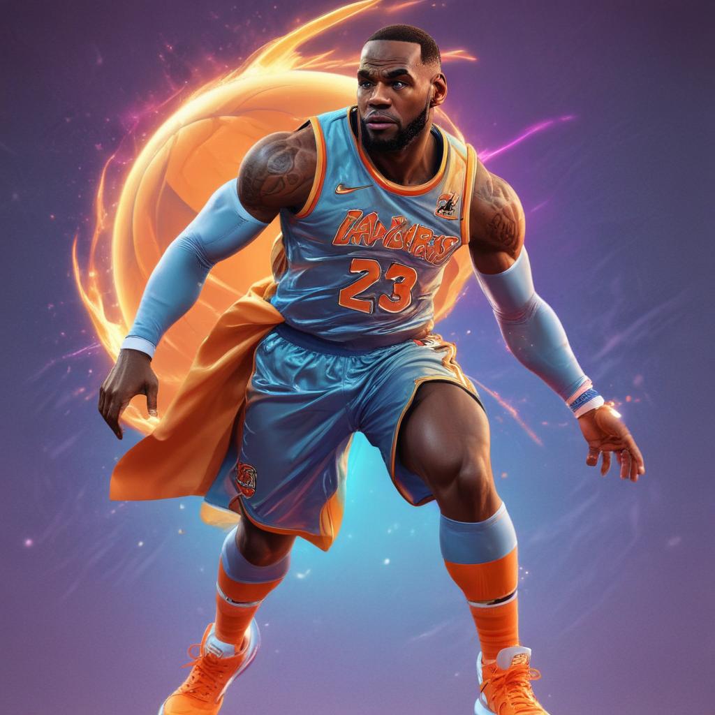 distance-shot, flashy, full-body, dynamic, holographic, animated cartoon poster of lebron james in the style of dragon ball super