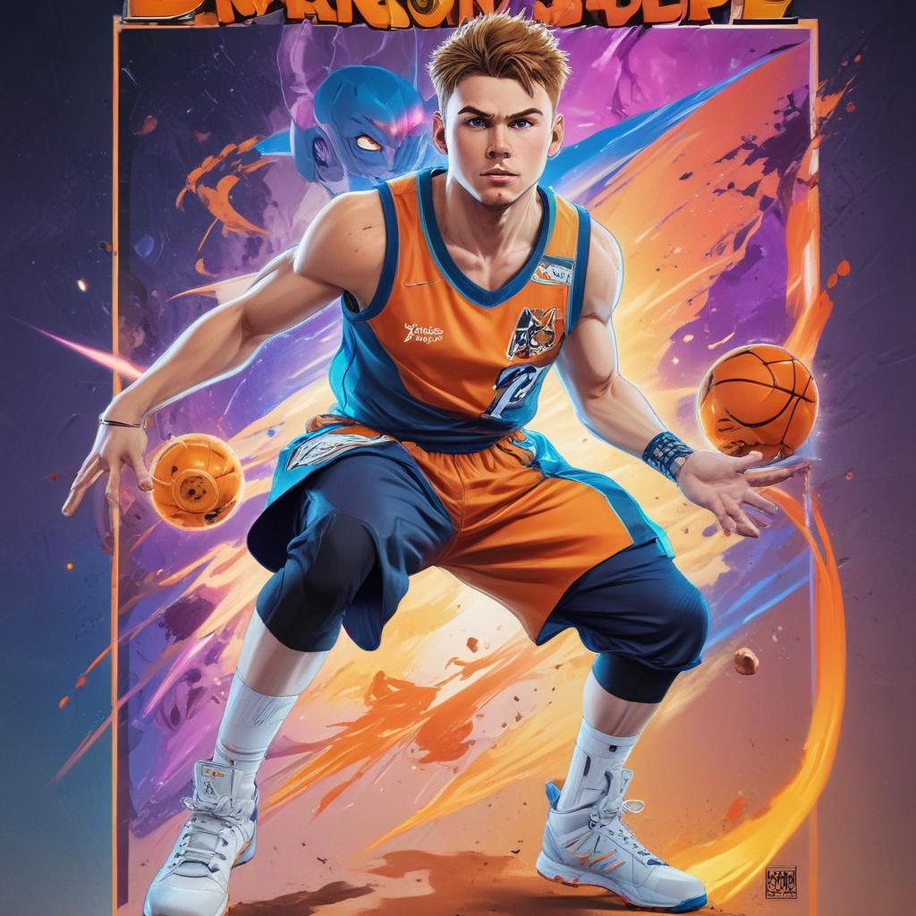 distance-shot, flashy, full-body, dynamic, holographic, animated cartoon poster of luka doncic in the style of dragon ball super