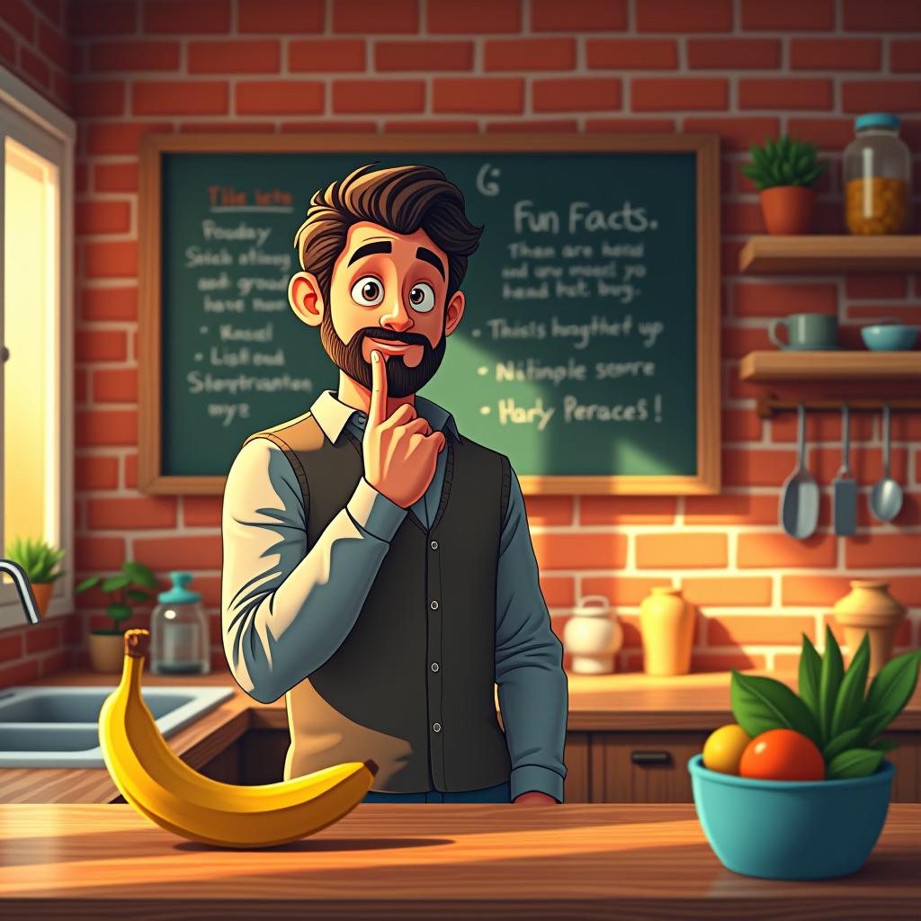  create a high quality, photorealistic image that vividly depicts the following scene: in a colorful, cartoonish style, the image captures a man standing at a wooden kitchen counter, brows furrowed in confusion as he looks at a ripe banana in his hand. behind him, a chalkboard with fun facts written chalk hangs on an autumn hued brick wall. his other hand pinches his chin in thought, eyes filled with surprised realization. the room is filled with warm light from the afternoon sun filtering through a nearby window, casting playful shadows. the essence of domestic curiosity punctuated by everyday objects. the image should: focus on the specific actions, emotions, and elements described in the scene show detailed facial ex hyperrealistic, full body, detailed clothing, highly detailed, cinematic lighting, stunningly beautiful, intricate, sharp focus, f/1. 8, 85mm, (centered image composition), (professionally color graded), ((bright soft diffused light)), volumetric fog, trending on instagram, trending on tumblr, HDR 4K, 8K