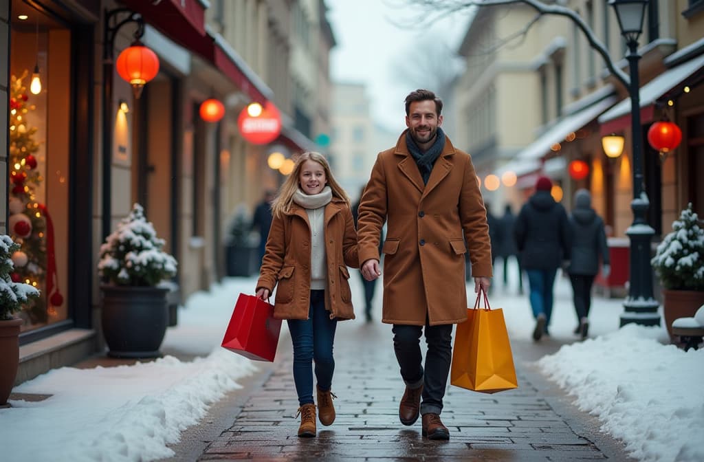  professional detailed photography, hyperrealism happy family happy family wife husband and their son front view walking with colorful bags from christmas sale through european city in snowy weather bright light photo , (muted colors, dim colors, soothing tones), (vsco:0.3)