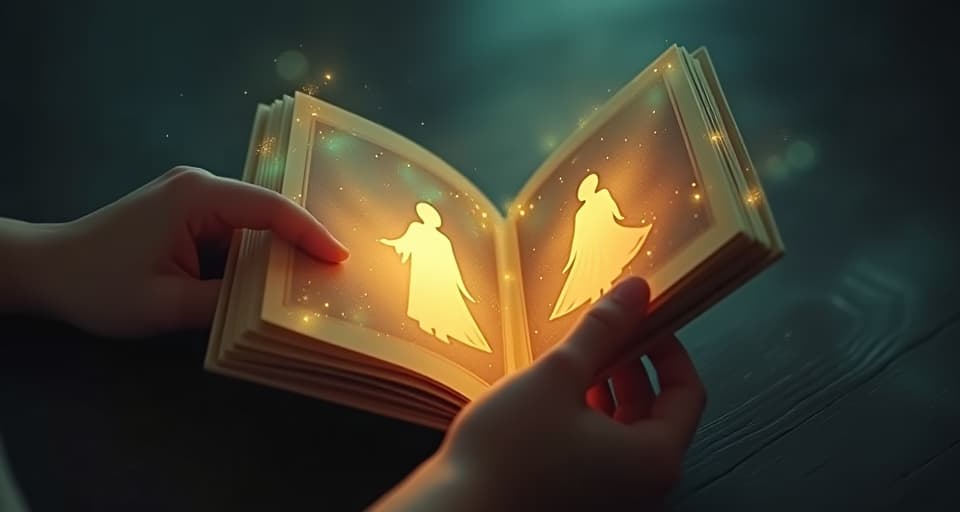  a faded, magical photo album glowing faintly, with a figure's hands flipping through it. the images inside are ethereal and bright, but one specific figure is noticeably dim and disappearing, evoking a sense of unsettling loss.. the style is digital art illustration,highly detailed, whimsical,magical, dreamlike atmosphere, realism and fantasy blend, smooth, glossy textures,luminous quality, wonder and enchantment.