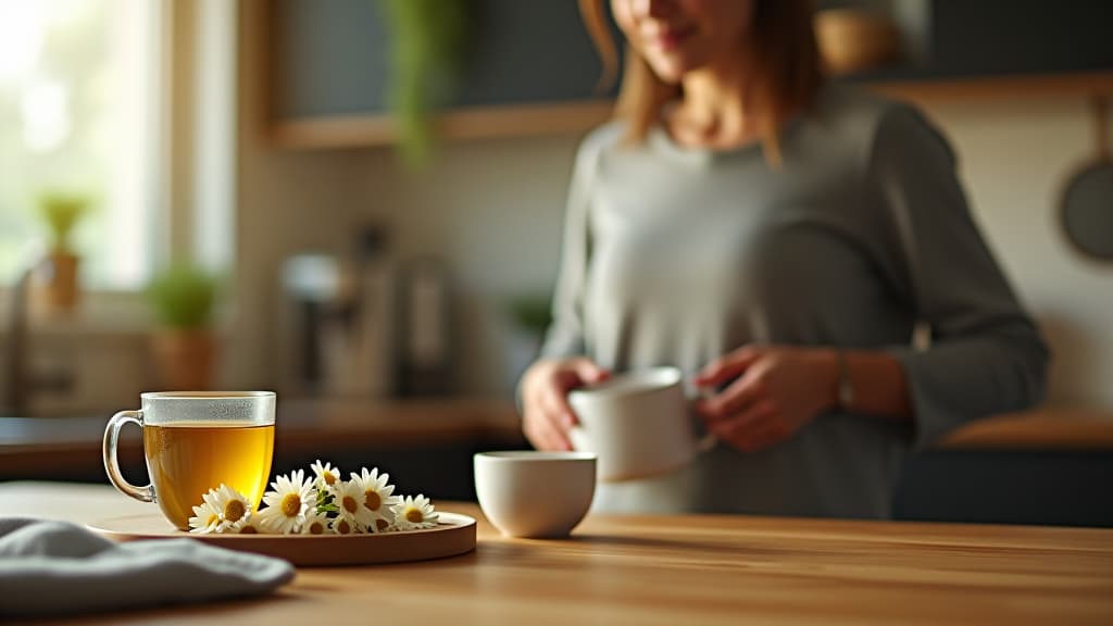  scenes about health and fitness, an inviting homey kitchen environment where chamomile tea is being prepared, with ingredients on the countertop. hyperrealistic, full body, detailed clothing, highly detailed, cinematic lighting, stunningly beautiful, intricate, sharp focus, f/1. 8, 85mm, (centered image composition), (professionally color graded), ((bright soft diffused light)), volumetric fog, trending on instagram, trending on tumblr, HDR 4K, 8K