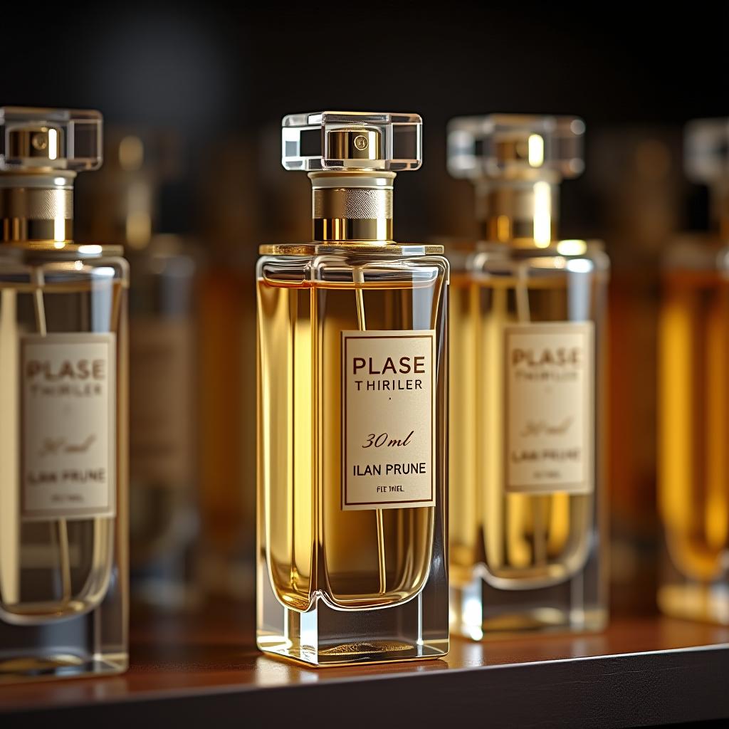  a 30ml transparent perfume bottle is on the shelf with other bottles.