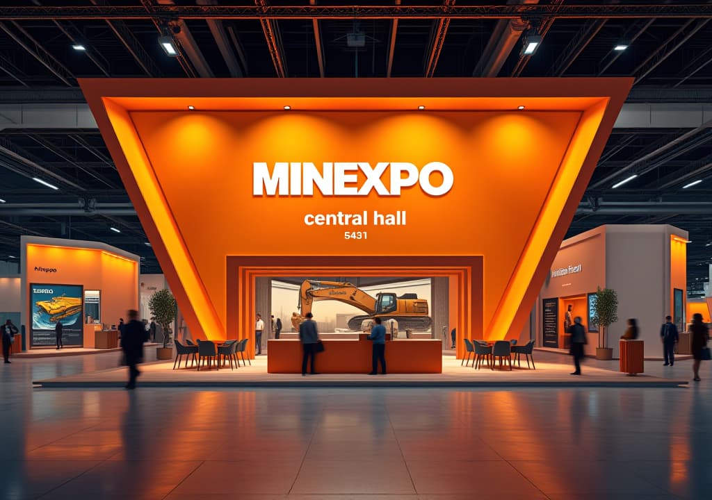  orange background with the text "minexpo central hall booth 5431" in all caps included in the image, high quality, high details, hd, perfect composition, 4k epic detailed, highly detailed, sharp focus, high resolution