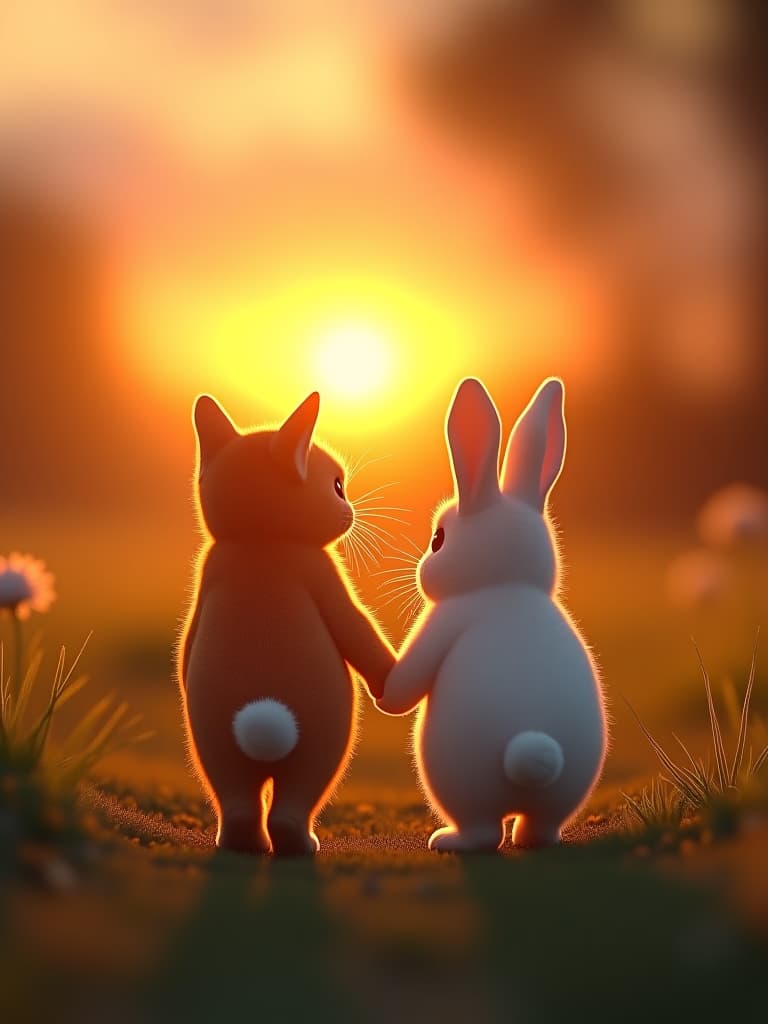  in the sunset, the orange kitten and the white rabbit walked together.cute photo realistic, highly intricate and detailed, masterpiece, ultra high res,photography,8k resolution