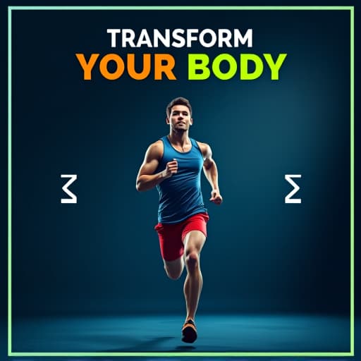  design a motivational fitness themed social media post with the following details: background: use a dark blue background with a white border around the edges, giving the design a modern look. headline: place the text 'transform your body' at the top, using two different font styles: 'transform' in bold, italicized sans serif font in orange with a black shadow. 'your body' in a larger, bold sans serif font in green with a thick black outline and shadow effect. main image: center an image of a person performing a fitness activity, such as running or weightlifting. callouts: add small, arrow shaped callout boxes on the left and right of the image, in white with black borders, for additional emphasis. subheadline: below the image, place a whi hyperrealistic, full body, detailed clothing, highly detailed, cinematic lighting, stunningly beautiful, intricate, sharp focus, f/1. 8, 85mm, (centered image composition), (professionally color graded), ((bright soft diffused light)), volumetric fog, trending on instagram, trending on tumblr, HDR 4K, 8K