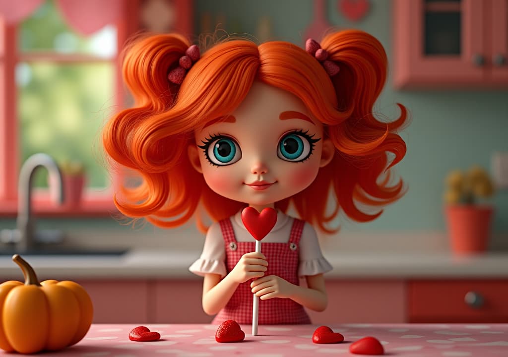  quirky red haired doll poses in a whimsical kitchen with heart lollipop