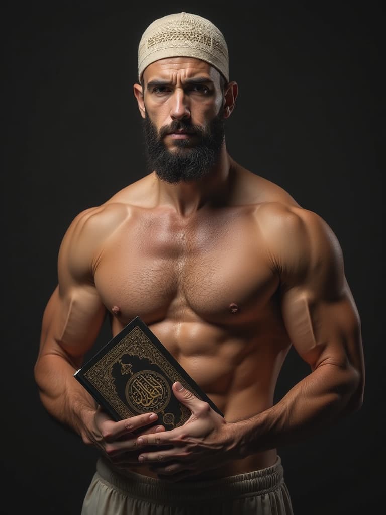  the muslim man, shirtless, showcasing his muscular physiques. the man is wearing a muslim cap and holding qur'an book, hyperrealistic, full body, detailed clothing, highly detailed, cinematic lighting, stunningly beautiful, intricate, sharp focus, f/1. 8, 85mm, (centered image composition), (professionally color graded), ((bright soft diffused light)), volumetric fog, trending on instagram, trending on tumblr, HDR 4K, 8K