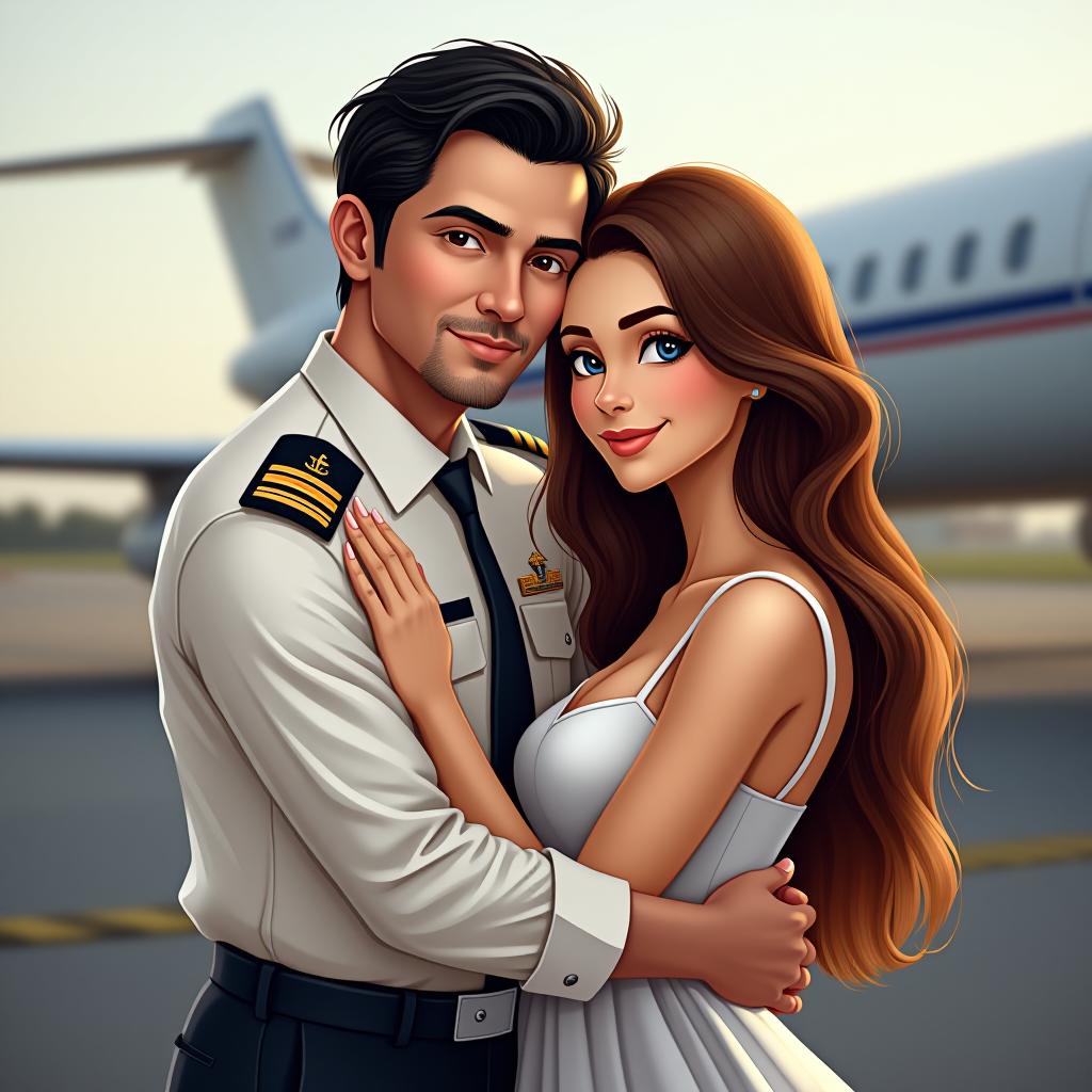  a man with black hair and brown eyes in a pilot's uniform stands hugging his wife, who has long chestnut hair and blue eyes, wearing a white dress. in the background, there is an airplane.