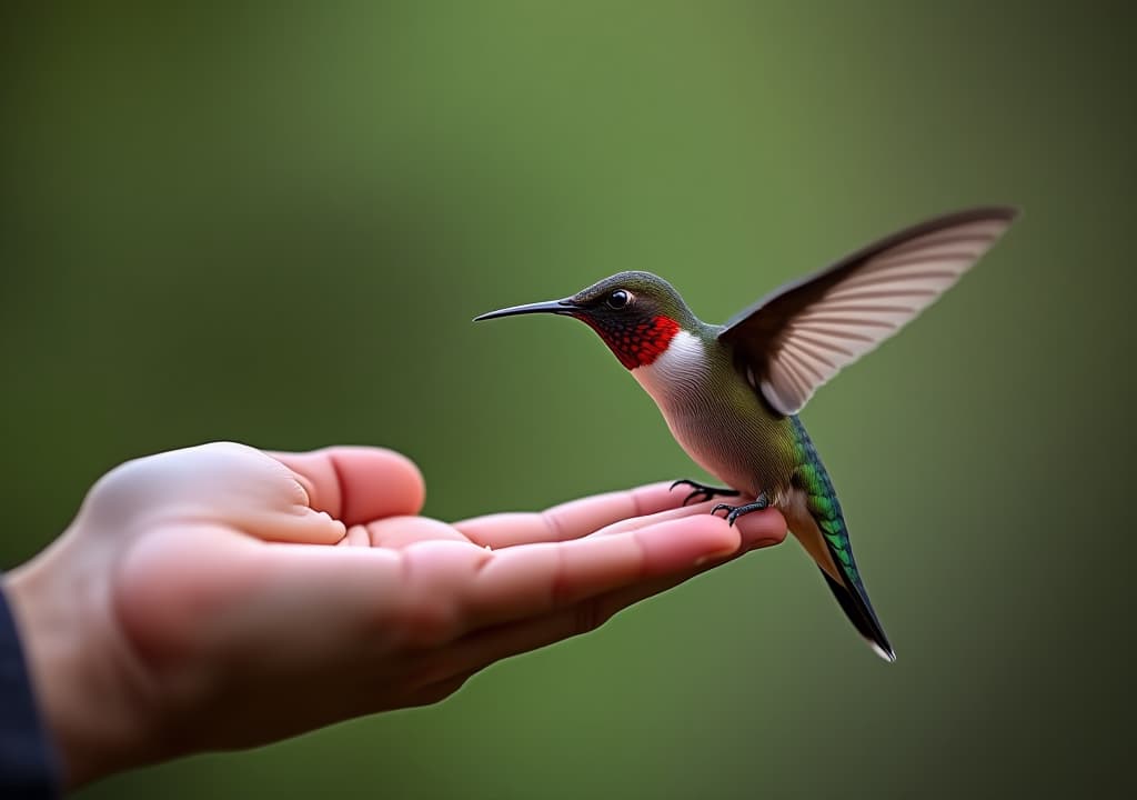  hummingbird approaches human hand for food in polluted outdoor setting