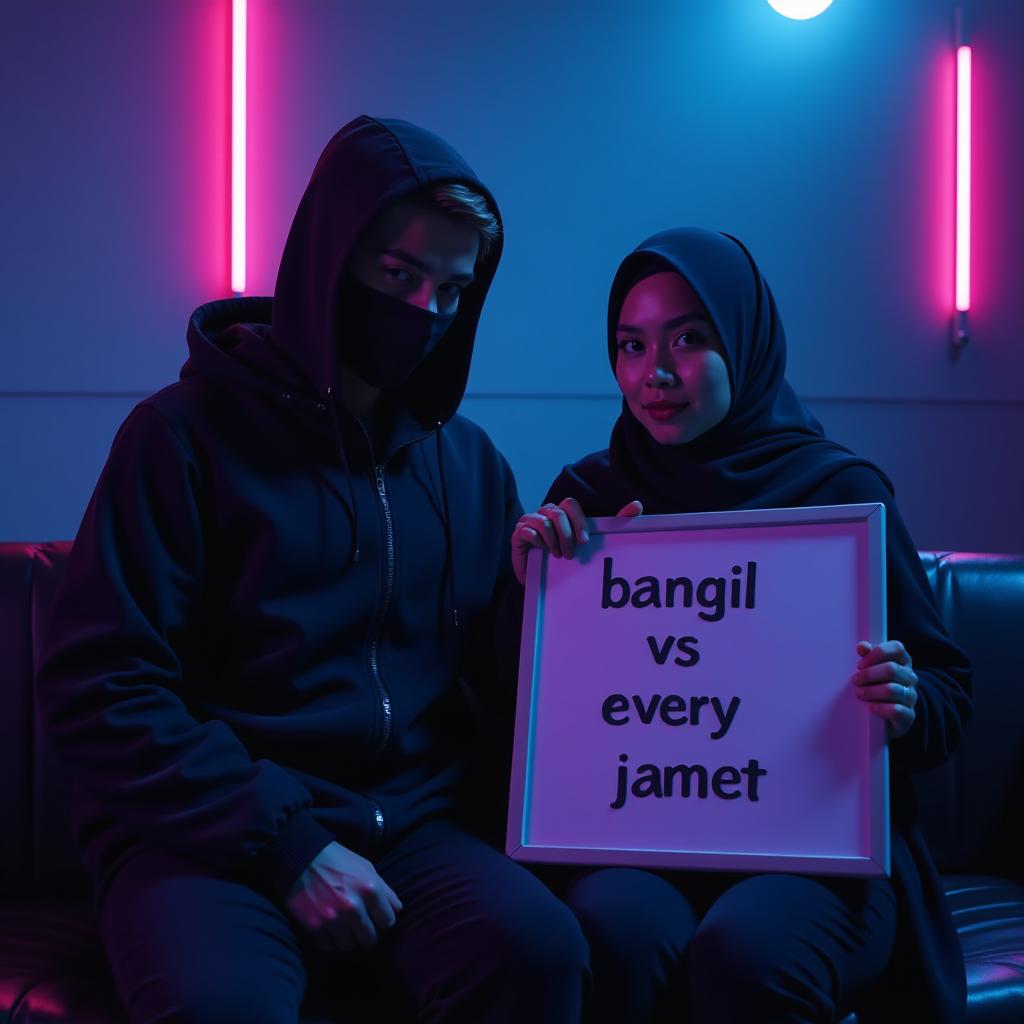  a hyper realistic photo of a 2 old couple in a dark music studio with retro vibes, ed in deep blue and purple hues, creating a shadowy, mysterious atmosphere. the young man, with brown indonesian skin, eyebrows bold wears a black jacket with the hood up and a black mask, his face fully obscured in shadows. his hands are in his pockets, head lowered, adding to his hidden presence. next to him, a woman with arabic features—white skin, high nose, full lips, round face—wearing a stylish hijab, sits slightly turned, holding a whiteboard with "bangil vs every jamet" handwritten by bold black letters. her hand partially covers the text, smudging the last letters. the neon glow softly lights their figures, casting long shadows  hyperrealistic, full body, detailed clothing, highly detailed, cinematic lighting, stunningly beautiful, intricate, sharp focus, f/1. 8, 85mm, (centered image composition), (professionally color graded), ((bright soft diffused light)), volumetric fog, trending on instagram, trending on tumblr, HDR 4K, 8K