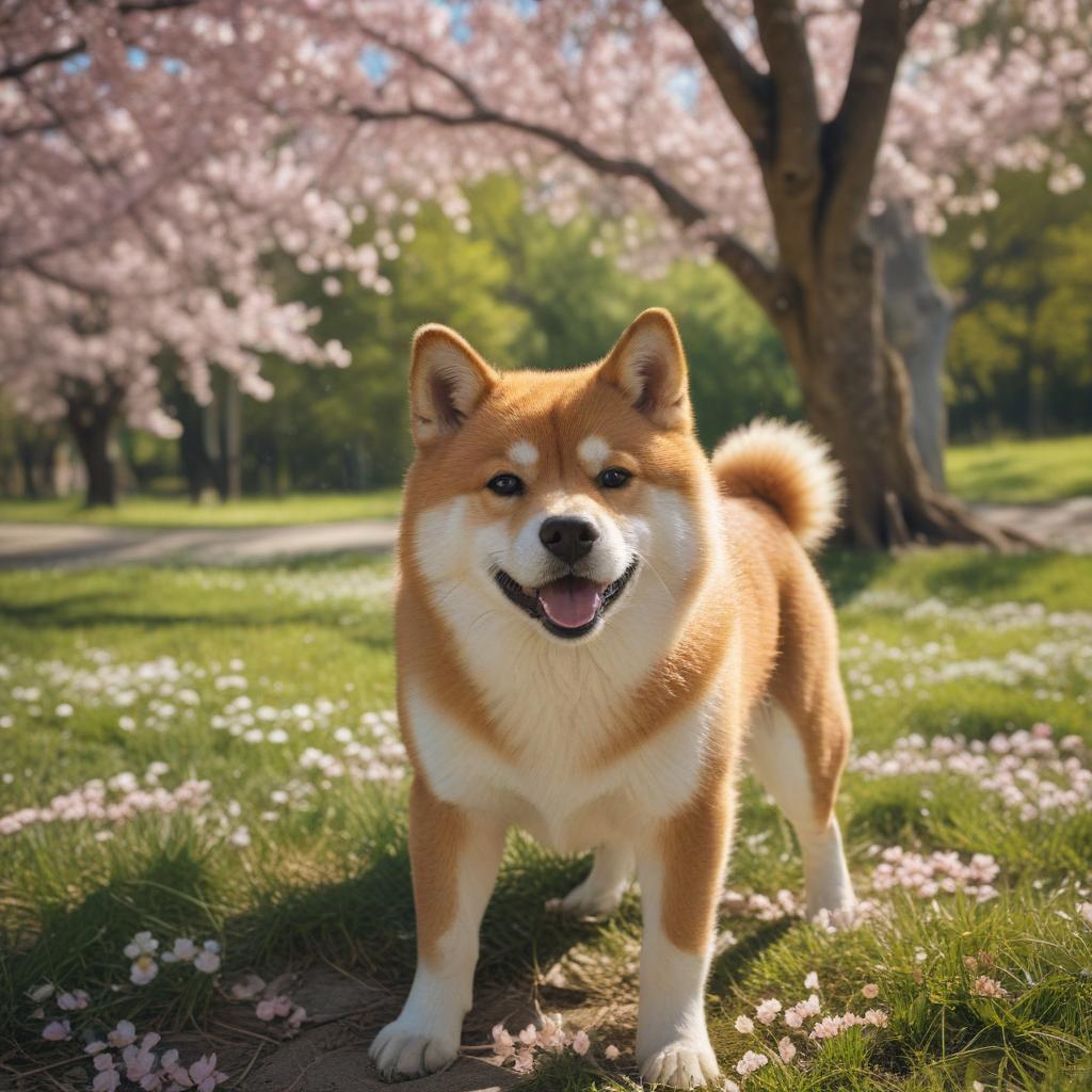 ((masterpiece)),(((best quality))), 8k, high detailed, ultra detailed,A red fur Shiba Inu, fur texture, playful expression, (falling cherry blossom petals), (sunlight filtering through the trees) hyperrealistic, full body, detailed clothing, highly detailed, cinematic lighting, stunningly beautiful, intricate, sharp focus, f/1. 8, 85mm, (centered image composition), (professionally color graded), ((bright soft diffused light)), volumetric fog, trending on instagram, trending on tumblr, HDR 4K, 8K