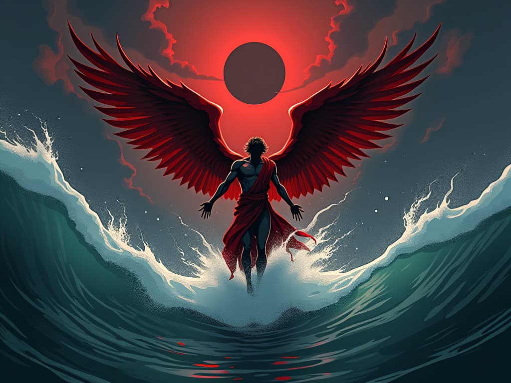  icarus in red tunic, plummeting into the sea, wings disintegrating, waves crashing, atmosphere of doomed destiny. the style is digital art illustration / modern comic book / graphic dark novel fantasy and mysterious occult, symbolic, moody lighting, esoteric vibe,high detail on character design. for the color scheme emphasize blacks and reds.