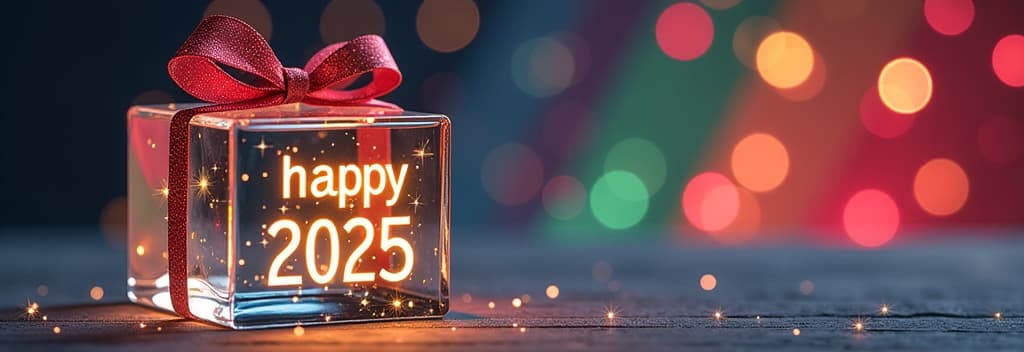  transparent glass christmas gift with glass bow, golden glowing text “happy 2025”, festive rainbow bokeh background ar 3:1 {prompt}, maximum details