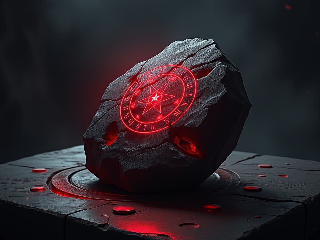  ancient red oracle stone, glowing runes, placed on an altar, sense of sacred significance. the style is digital art illustration / modern comic book / graphic dark novel fantasy and mysterious occult, symbolic, moody lighting, esoteric vibe,high detail on character design. for the color scheme emphasize blacks and reds.