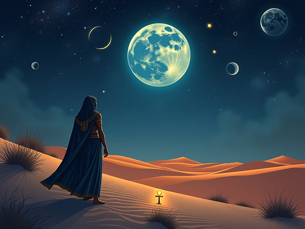  starry night sky above a desert, the brilliant full moon, celestial bodies aligned, magical aura, an ankh symbol glowing softly in the sand. the style is digital art illustration / modern comic book / mysterious occult, symbolic, esoteric vibe,high detail on character design, incorporating ancient egyptian symbology and attire.