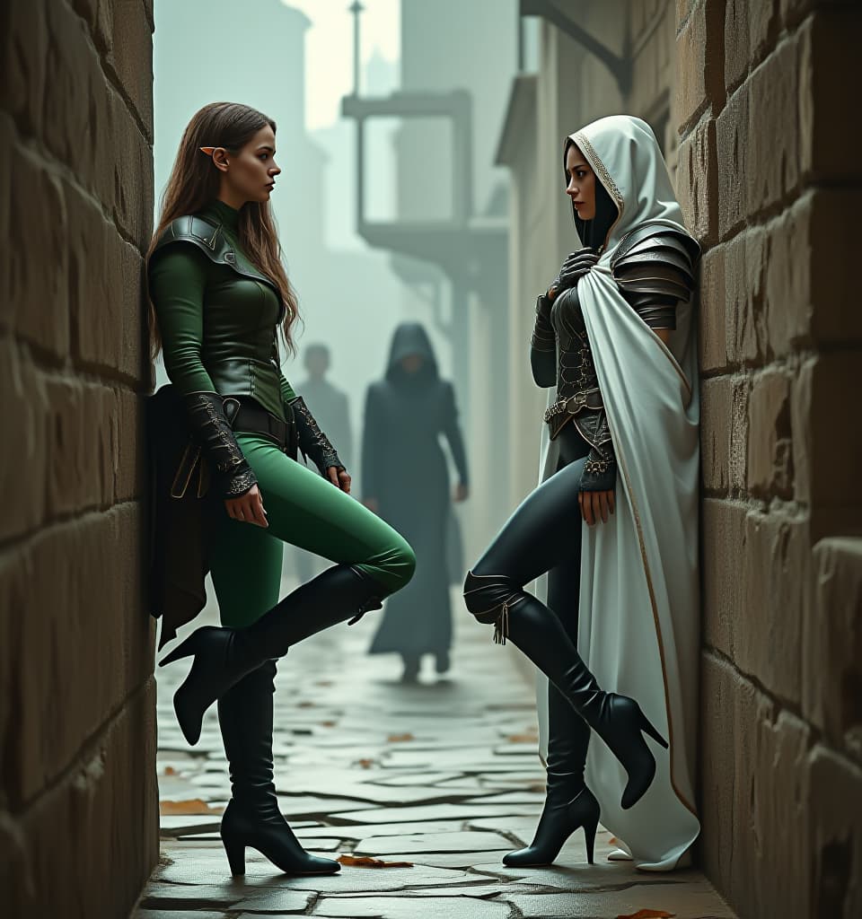  cinematic photo 2 women stand opposite each other in the fanatasy medieval city. one is a midle aged elf warrior with long brown hair and cigarette leans the wall with one high up leg. she wears in green leather jacket, green leather pants and black leather high heel boots. another is a young human sorcerer with short black hair and pink eyes leans the wall with one high up leg. she wears in white cloak with hood, white leather armour, black leather leggings and black leather high heel boots. full body, side view, hyperdetailed, 4k . 35mm photograph, film, bokeh, professional, 4k, highly detailed