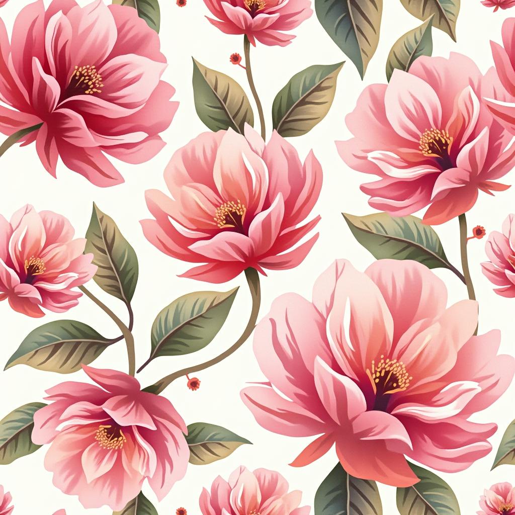  create a seamless digital design featuring a pattern of large, beautiful flowers with soft, watercolor like effects. the flowers should cover the entire surface, creating a bold, elegant, and continuous look. the overall style should be light and airy, with delicate leaves and petals to enhance the natural, floral theme. the design should be seamless to ensure it can be used in repeating patterns or wraps.