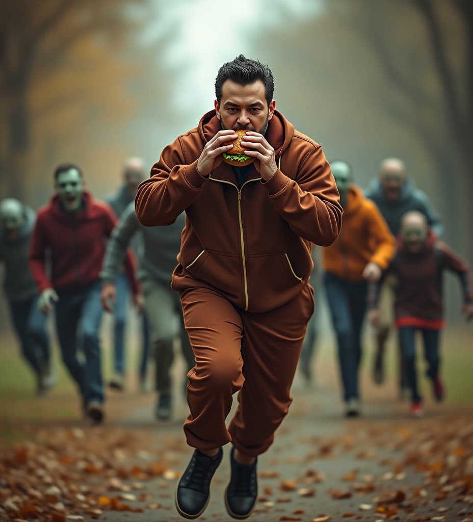  man wearing brown track suit eating a burger running from zombies