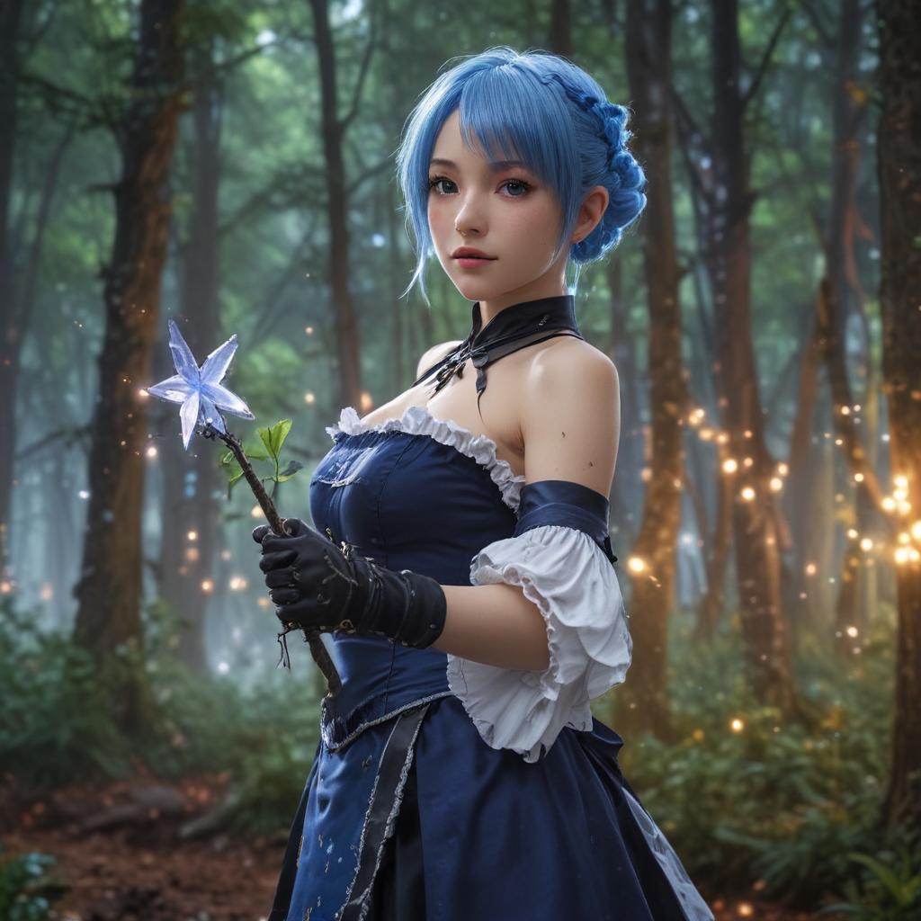 ((masterpiece)),(((best quality))), 8k, high detailed, ultra detailed, Rem from Re:Zero, a girl with blue hair and maid outfit, holding a morning star weapon, standing in a fantasy forest, surrounded by glowing fireflies hyperrealistic, full body, detailed clothing, highly detailed, cinematic lighting, stunningly beautiful, intricate, sharp focus, f/1. 8, 85mm, (centered image composition), (professionally color graded), ((bright soft diffused light)), volumetric fog, trending on instagram, trending on tumblr, HDR 4K, 8K