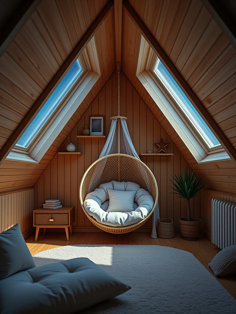  high quality portrait photo of a cozy attic bedroom with skylights perfectly framing constellations, featuring a hanging chair shaped like a crescent moon and star shaped floating shelves hyperrealistic, full body, detailed clothing, highly detailed, cinematic lighting, stunningly beautiful, intricate, sharp focus, f/1. 8, 85mm, (centered image composition), (professionally color graded), ((bright soft diffused light)), volumetric fog, trending on instagram, trending on tumblr, HDR 4K, 8K