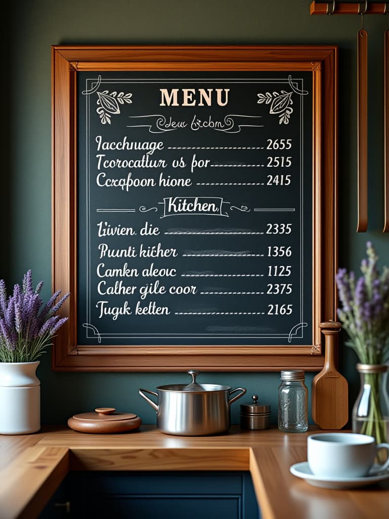  high quality portrait photo of a rustic kitchen corner featuring a large vintage chalkboard with handwritten menu and quotes, surrounded by antique kitchen tools and a few sprigs of lavender in mason jars hyperrealistic, full body, detailed clothing, highly detailed, cinematic lighting, stunningly beautiful, intricate, sharp focus, f/1. 8, 85mm, (centered image composition), (professionally color graded), ((bright soft diffused light)), volumetric fog, trending on instagram, trending on tumblr, HDR 4K, 8K