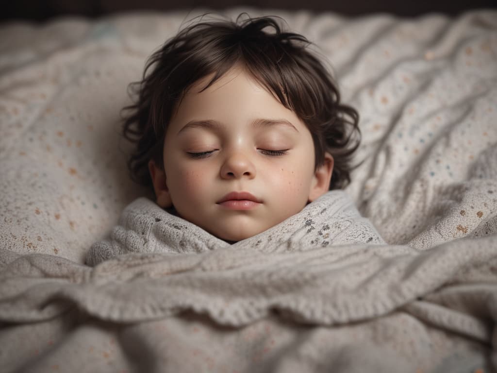 ultra realistic ((ultra realistic ((a child lying on a cozy blanket with closed eyes, relaxing)))) hyperrealistic, full body, detailed clothing, highly detailed, cinematic lighting, stunningly beautiful, intricate, sharp focus, f/1. 8, 85mm, (centered image composition), (professionally color graded), ((bright soft diffused light)), volumetric fog, trending on instagram, trending on tumblr, HDR 4K, 8K