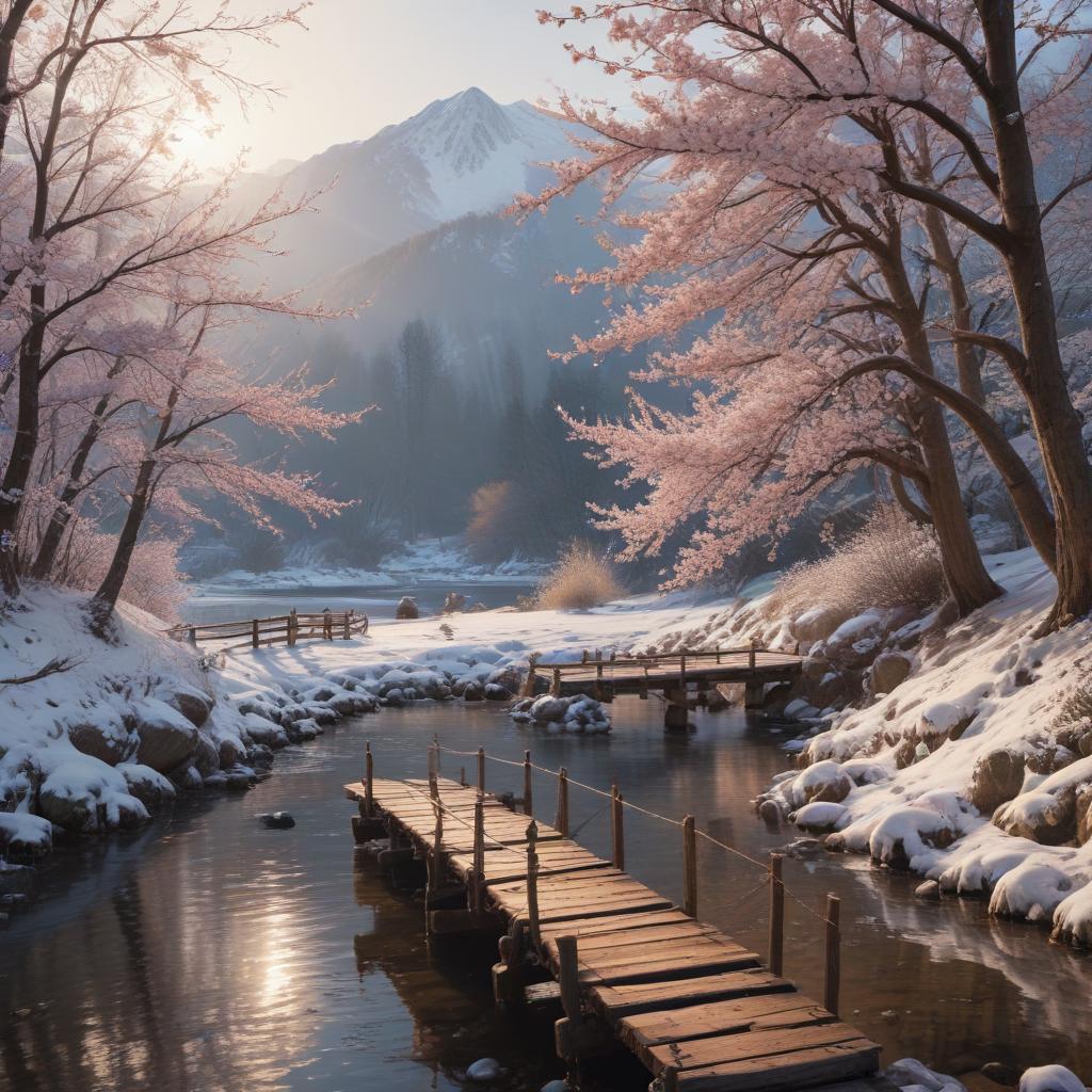 ((masterpiece)),(((best quality))), 8k, high detailed, ultra detailed,A serene winter landscape featuring a snow covered cherry blossom tree, a small wooden bridge crossing a partially frozen stream, a lone deer standing in the distance, (mountains in the background), soft sunlight filtering through the bare branches hyperrealistic, full body, detailed clothing, highly detailed, cinematic lighting, stunningly beautiful, intricate, sharp focus, f/1. 8, 85mm, (centered image composition), (professionally color graded), ((bright soft diffused light)), volumetric fog, trending on instagram, trending on tumblr, HDR 4K, 8K