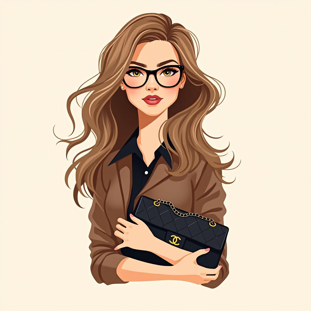  design a logo, a tall light brown haired woman with glasses holding a chanel bag, with the text 'manon makeup '.