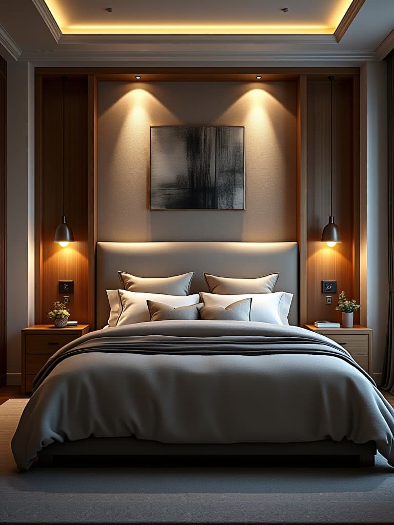  high quality portrait photo of a small bedroom with a custom built headboard featuring hidden storage compartments and integrated bedside tables, illuminated by pendant lights, viewed from a low angle hyperrealistic, full body, detailed clothing, highly detailed, cinematic lighting, stunningly beautiful, intricate, sharp focus, f/1. 8, 85mm, (centered image composition), (professionally color graded), ((bright soft diffused light)), volumetric fog, trending on instagram, trending on tumblr, HDR 4K, 8K